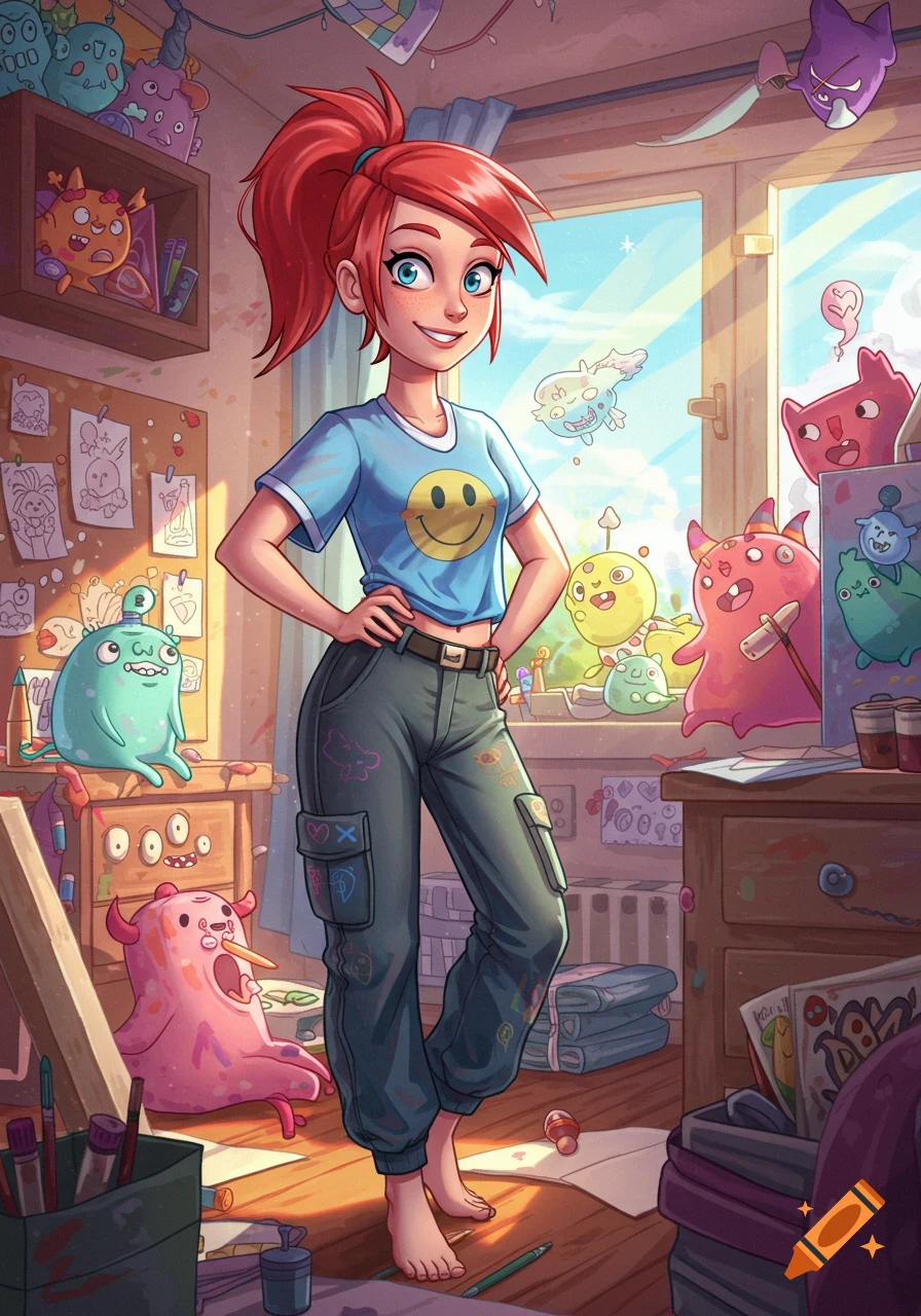 Smiling cartoon girl with red hair, blue smiley-face shirt, and cargo pants, barefoot in a sunlit art room filled with colorful monsters and drawings.