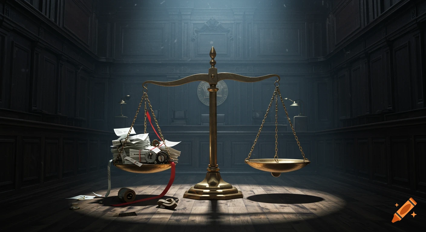 A scale of justice in a dark, stately courtroom. One pan is heavily weighed down with stacks of money and papers, the other is empty.