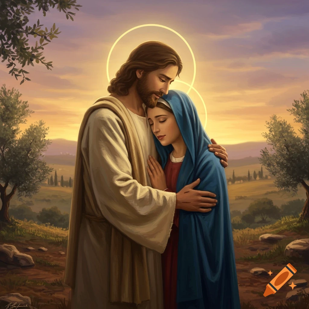 An illustrative painting of Jesus embracing Virgin Mary under a radiant sky at sunset in a hilly, olive tree landscape.
