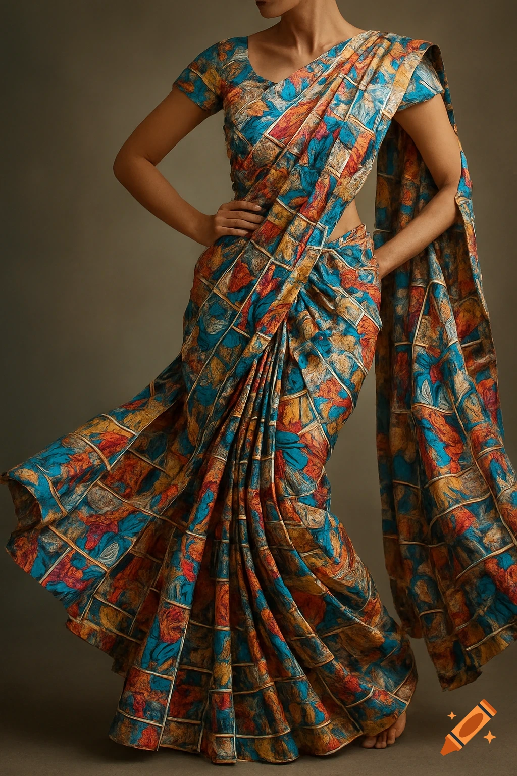 A person models a vibrant, intricately folded sari patterned with abstract colorful shapes resembling comic book panels.
