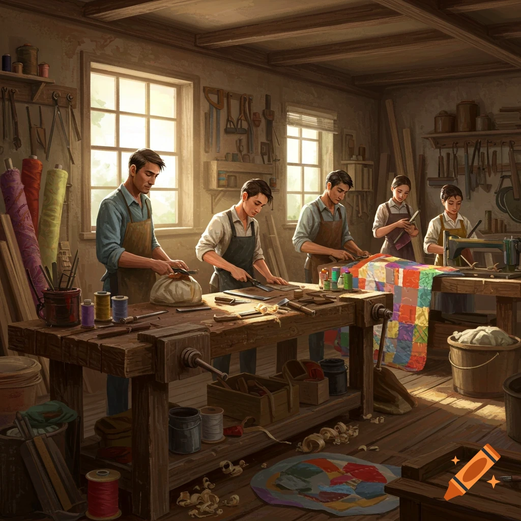 An illustration of a bustling workshop with several people engaged in various manual crafts like quilting and woodworking.