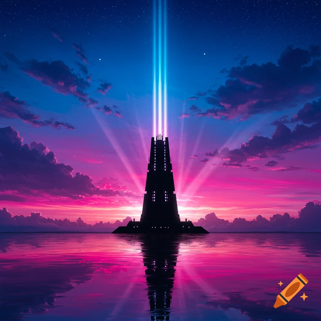 A silhouetted futuristic tower emits blue light into a starry, pink and blue sky, reflected in still water.