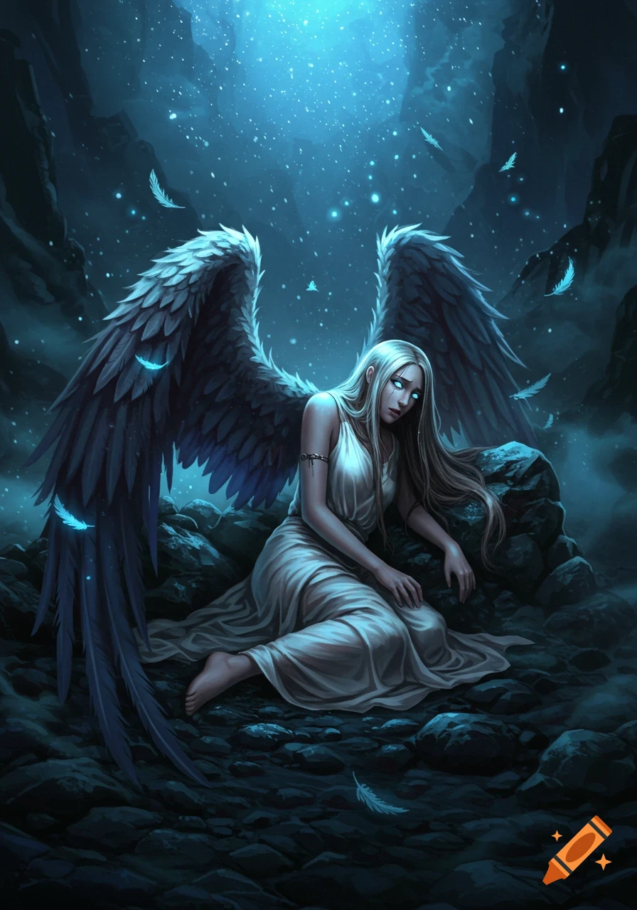 A solemn fallen angel with large dark wings and glowing eyes sits in a mystical, blue-lit rocky cavern with floating feathers, digital art.