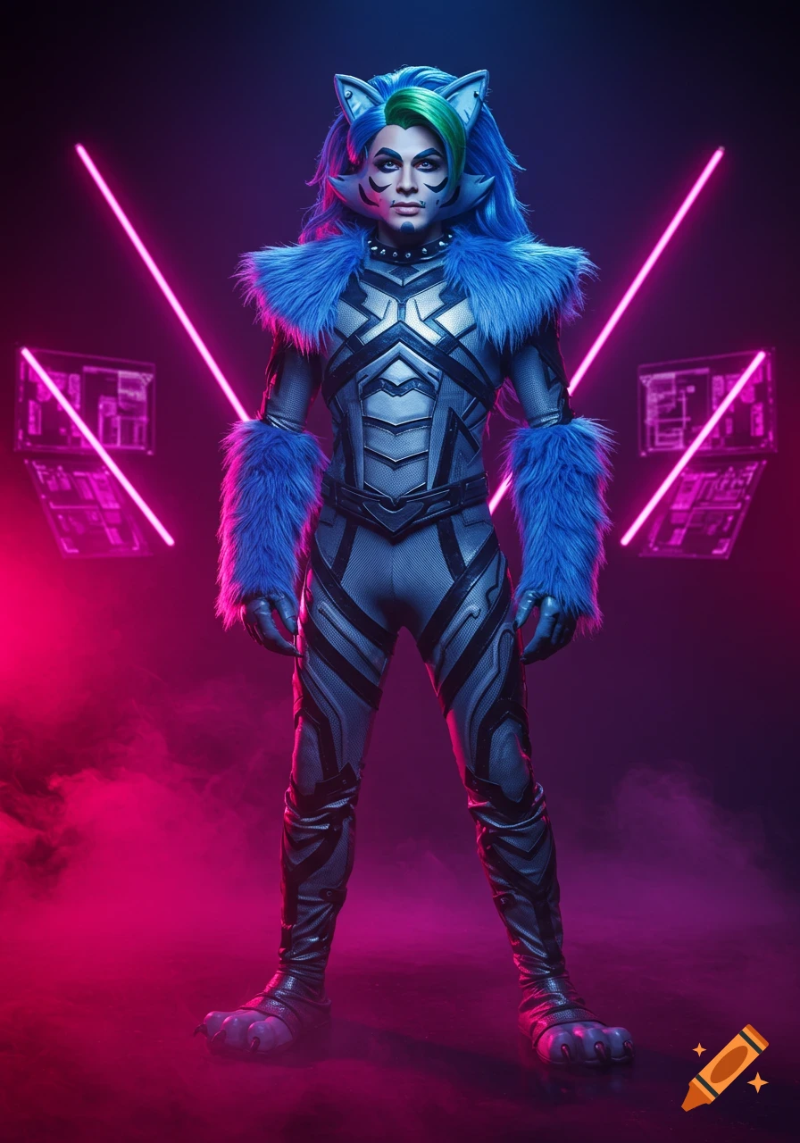 A person in a blue and silver metallic and furry costume with cat ears and blue-green hair stands in a smoky room with neon pink lights.