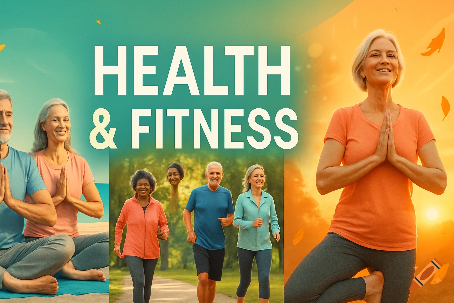 A banner with 'HEALTH & FITNESS' featuring mature adults doing yoga and jogging in a bright, outdoor setting.