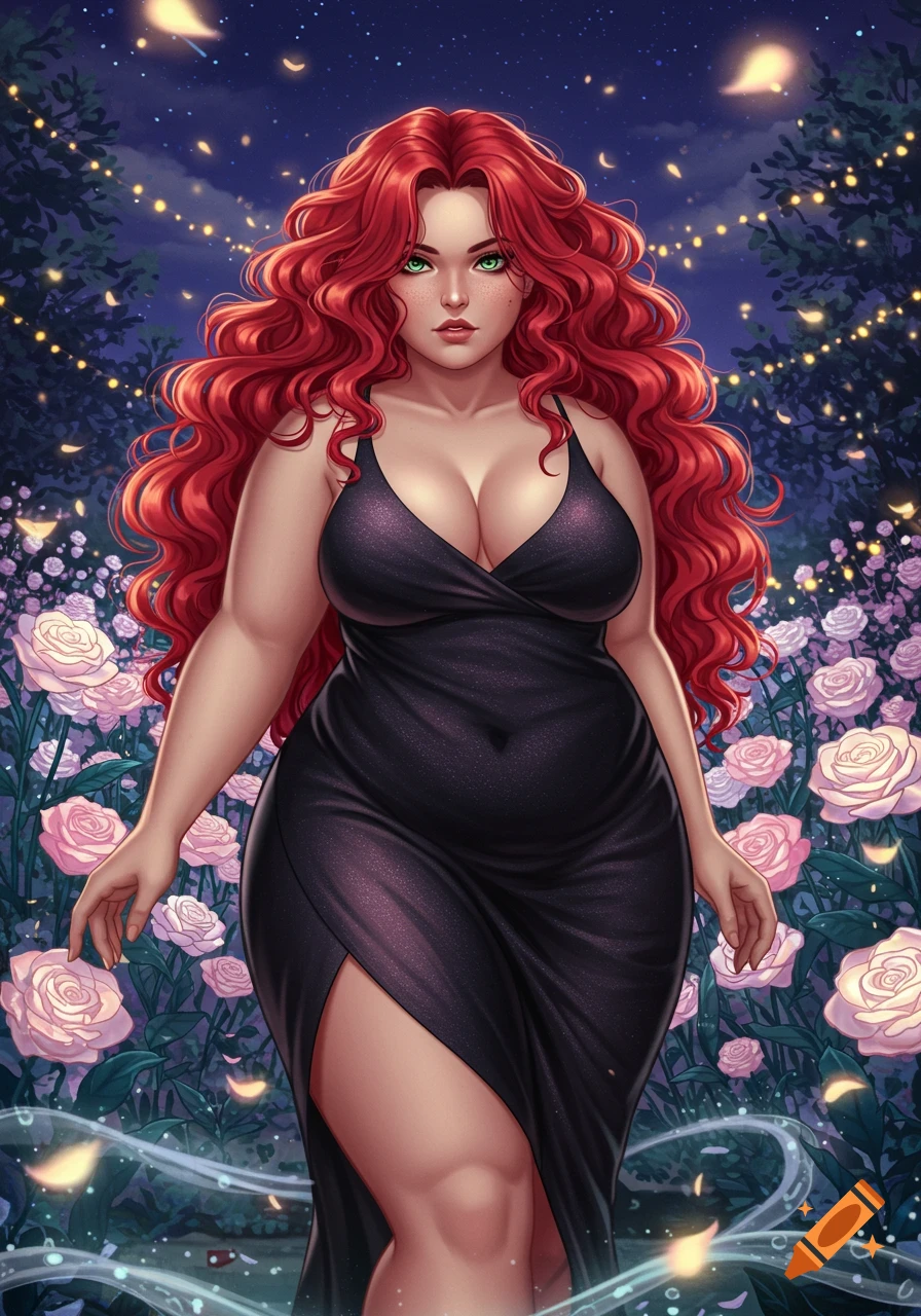 Anime illustration of a plus-size woman with long red curly hair in a black dress, standing in a magical night garden with roses.