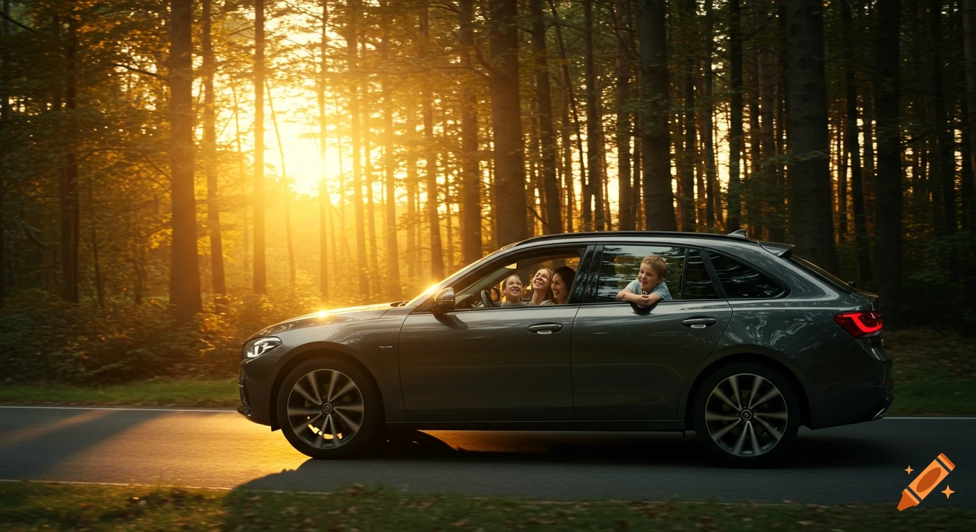 A family in a modern gray car drives down a forest road at sunset, illuminated by warm golden light.