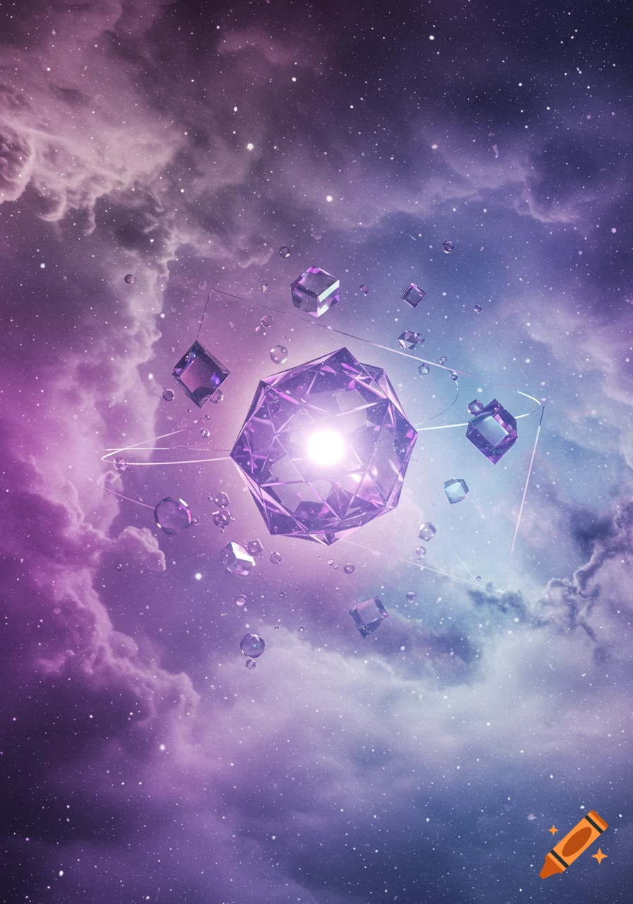 Glowing purple crystalline shapes and cubes float amidst a swirling nebula filled with stars, in shades of pink, purple, and blue.
