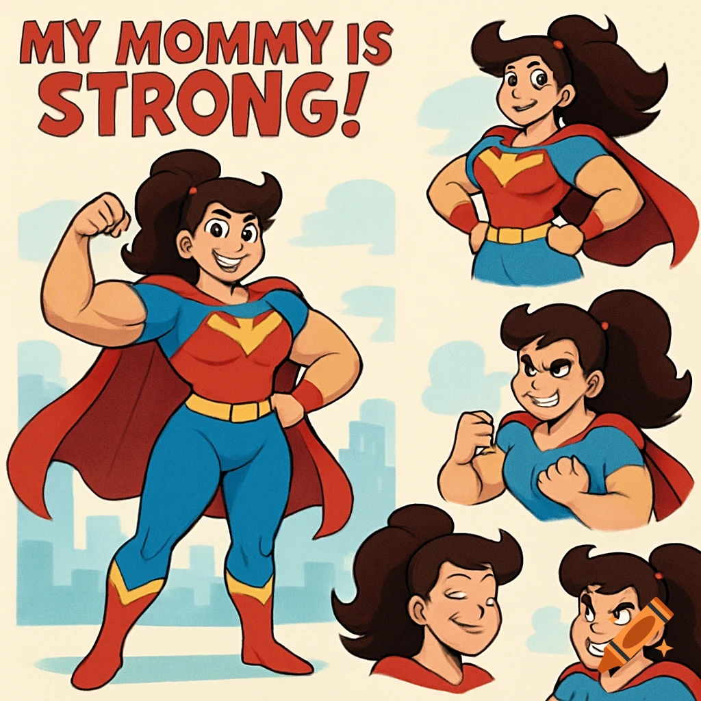 Cartoon model sheet of a strong, smiling superhero woman flexing and in various poses, with text 'MY MOMMY IS STRONG!'