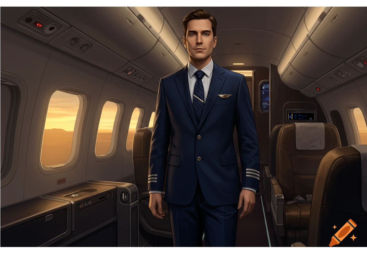 A man in a navy blue pilot's uniform stands in the aisle of an airplane cabin, looking directly at the viewer. Golden hour light streams through the windows.