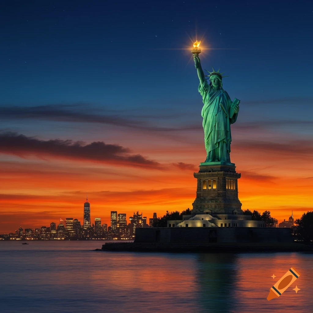 Photorealistic image of the Statue of Liberty at sunset, illuminated, with a colorful sky and New York City skyline.