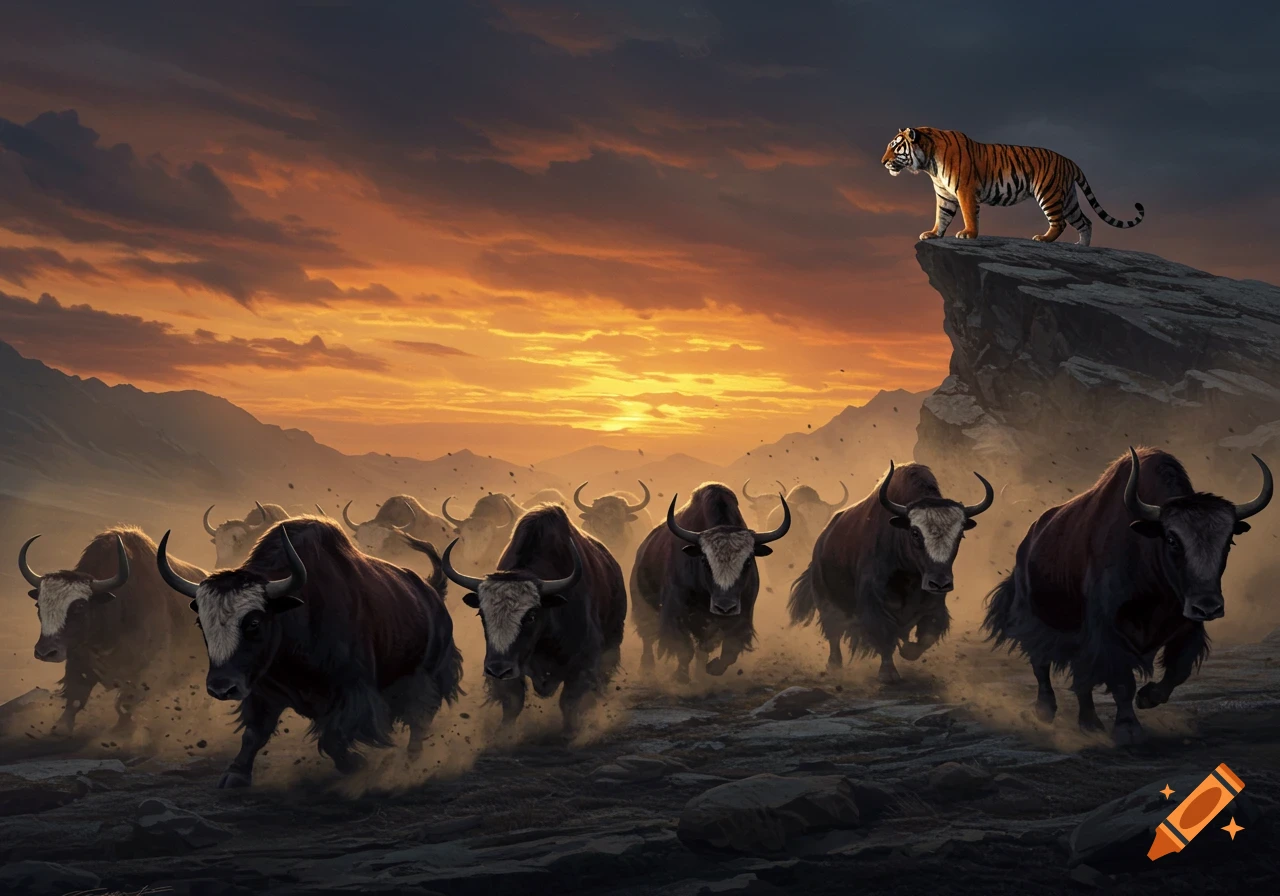 A photorealistic image of a tiger standing on a cliff overlooking a stampede of yaks and bulls at sunset in a mountainous landscape.
