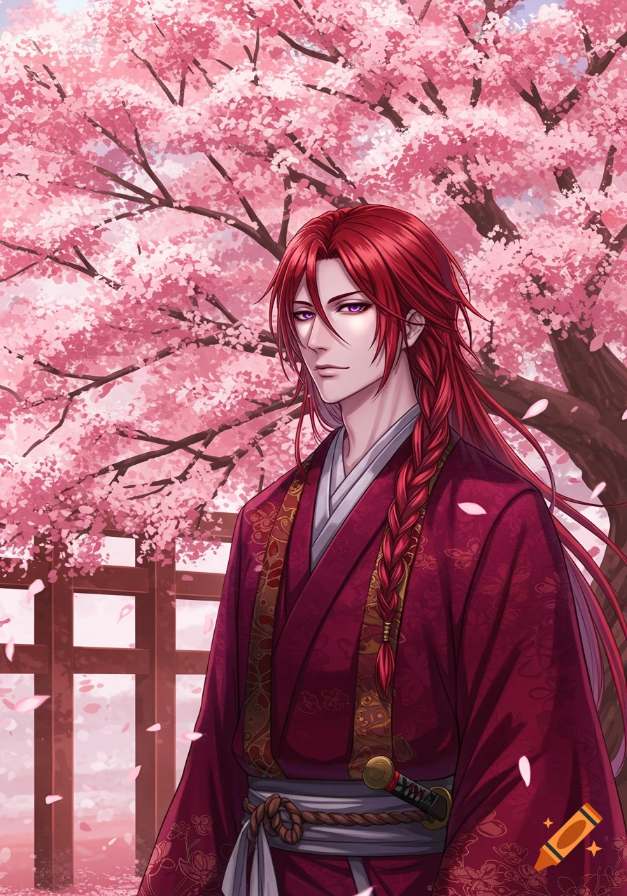 Anime man with long red hair and purple eyes in a burgundy kimono stands before a vibrant pink cherry blossom tree.