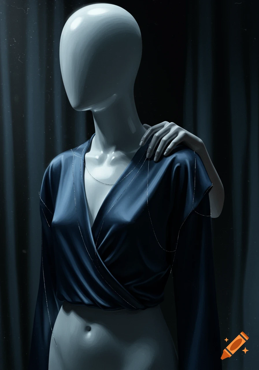 A stylized image of a mannequin torso in a dark blue wrap-top with a disembodied hand on its shoulder, dimly lit.