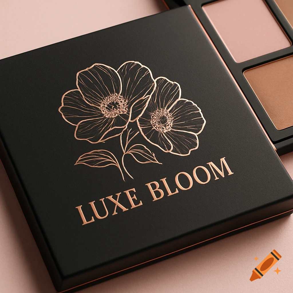 Close-up of a black cosmetic palette with a rose gold floral logo and 'LUXE BLOOM' text.