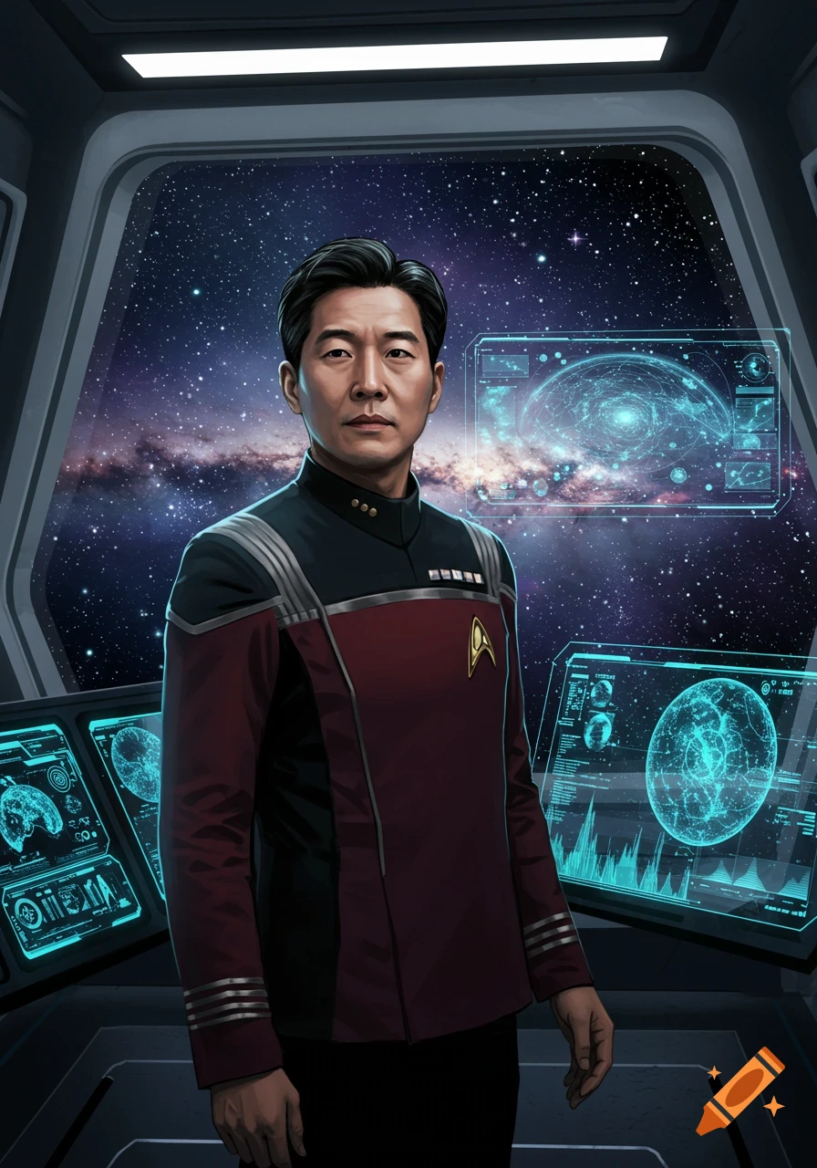 A serious Korean admiral in a red and black Starfleet-style uniform stands on a spaceship bridge, with holographic displays and a starry galaxy outside a large window.
