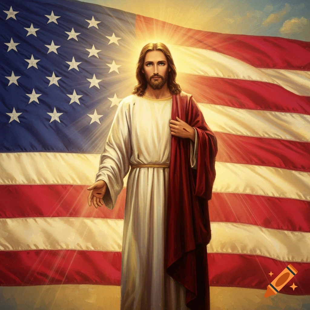 Painting of Jesus Christ with a halo, standing in front of a waving American flag.