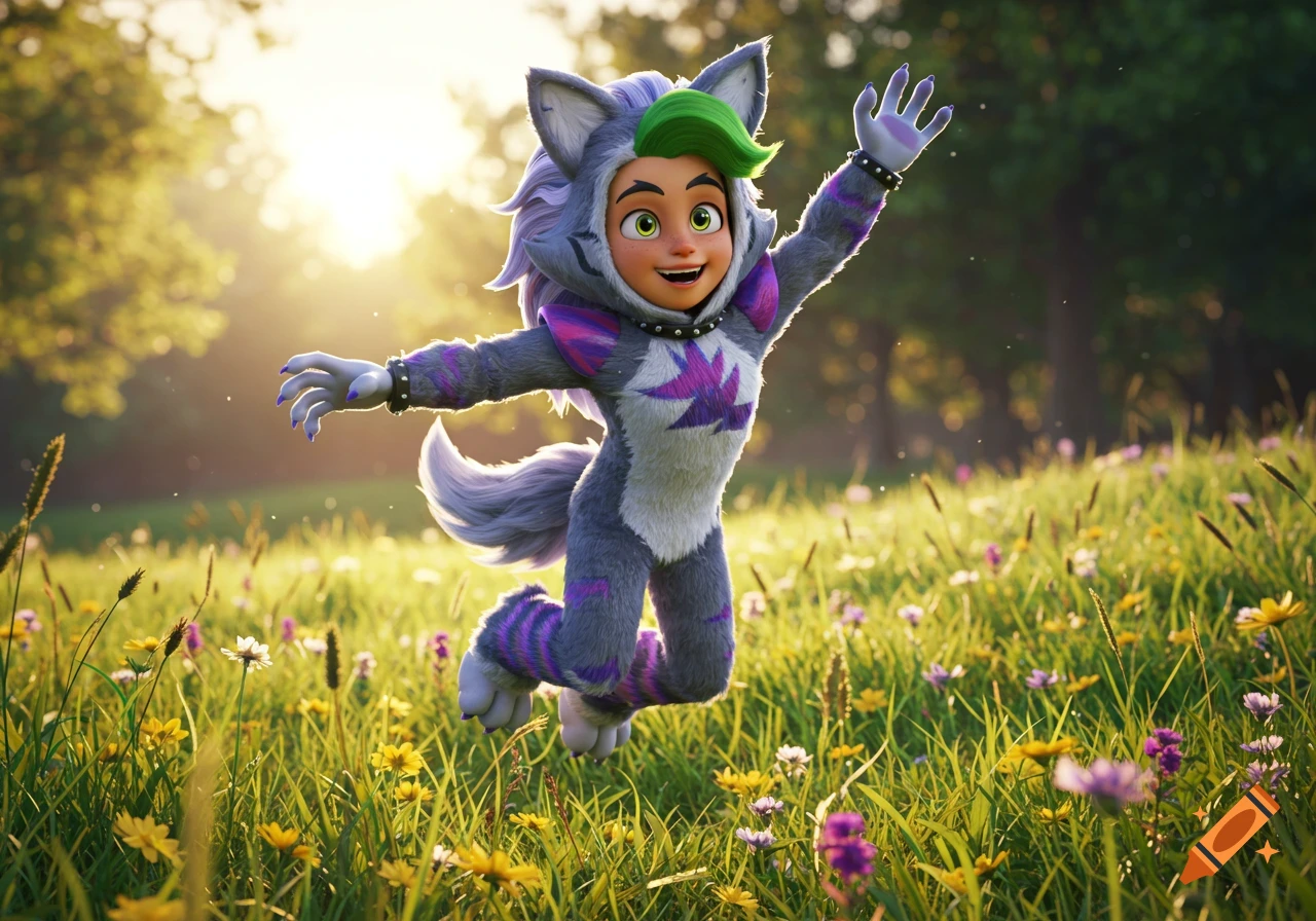 An animated boy in a grey and purple wolf suit with green hair jumps happily in a sunny field of flowers.