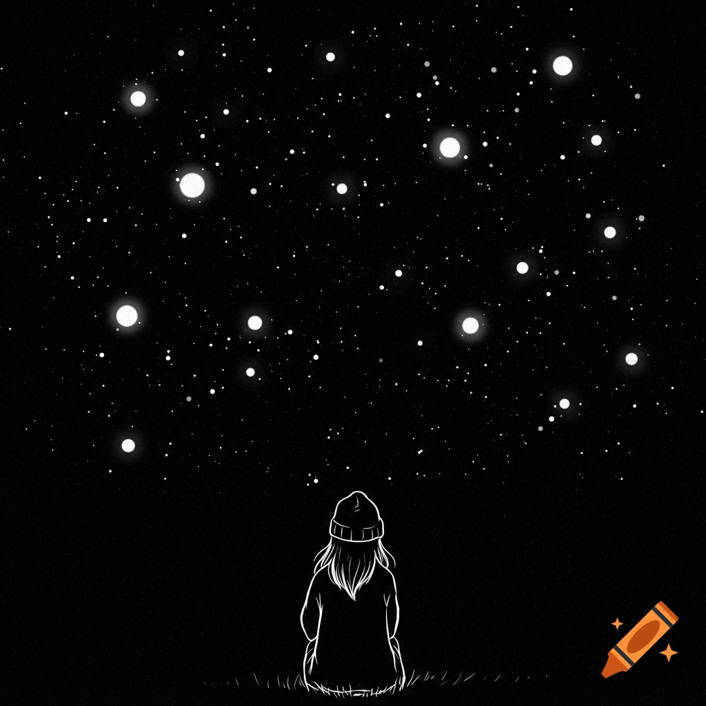 White outline of a person in a beanie sitting and looking up at a black night sky filled with many white stars.