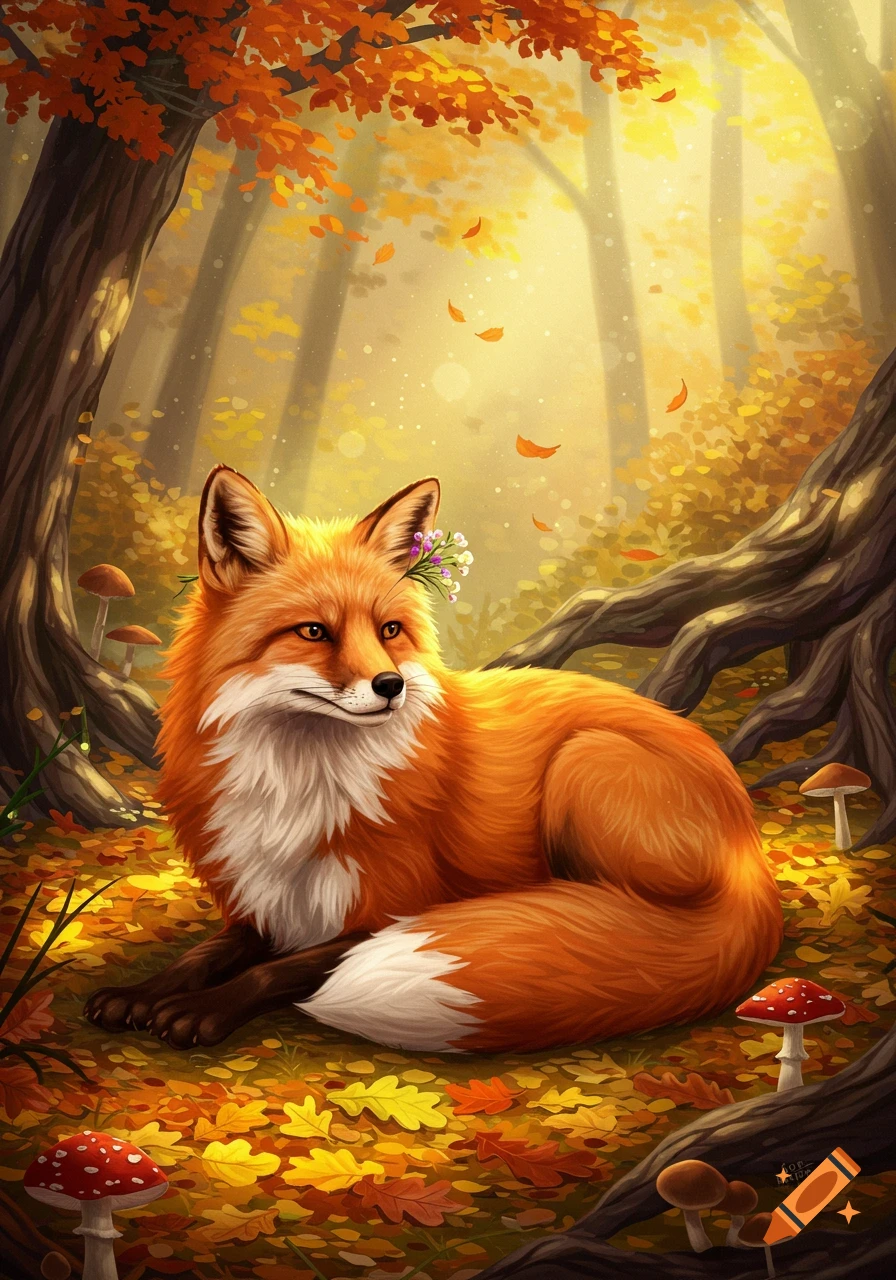 A charming red fox with a white chest and flowers on its ear rests among colorful autumn leaves and mushrooms in a sunlit forest, digital art.