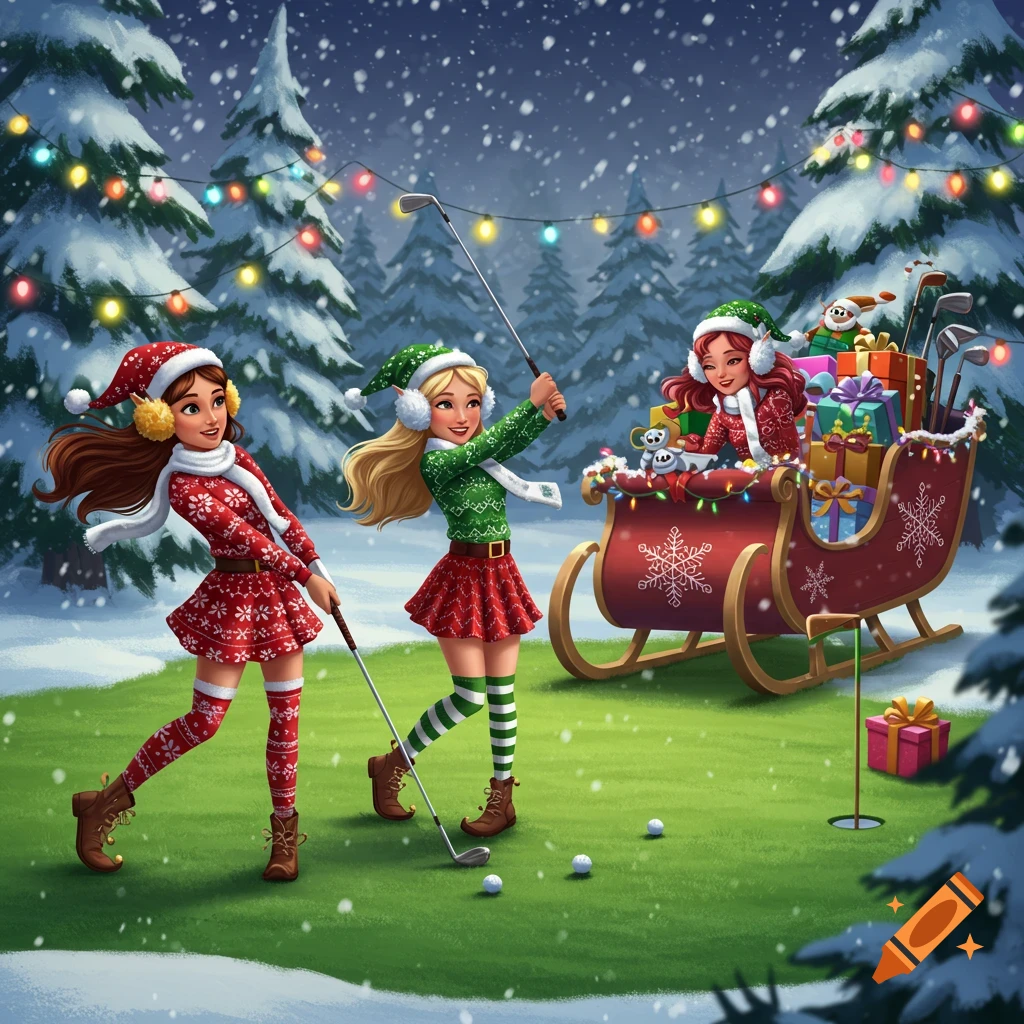 Three festive female elves playing golf on a snowy course, with a sleigh full of presents nearby, in an illustration style.