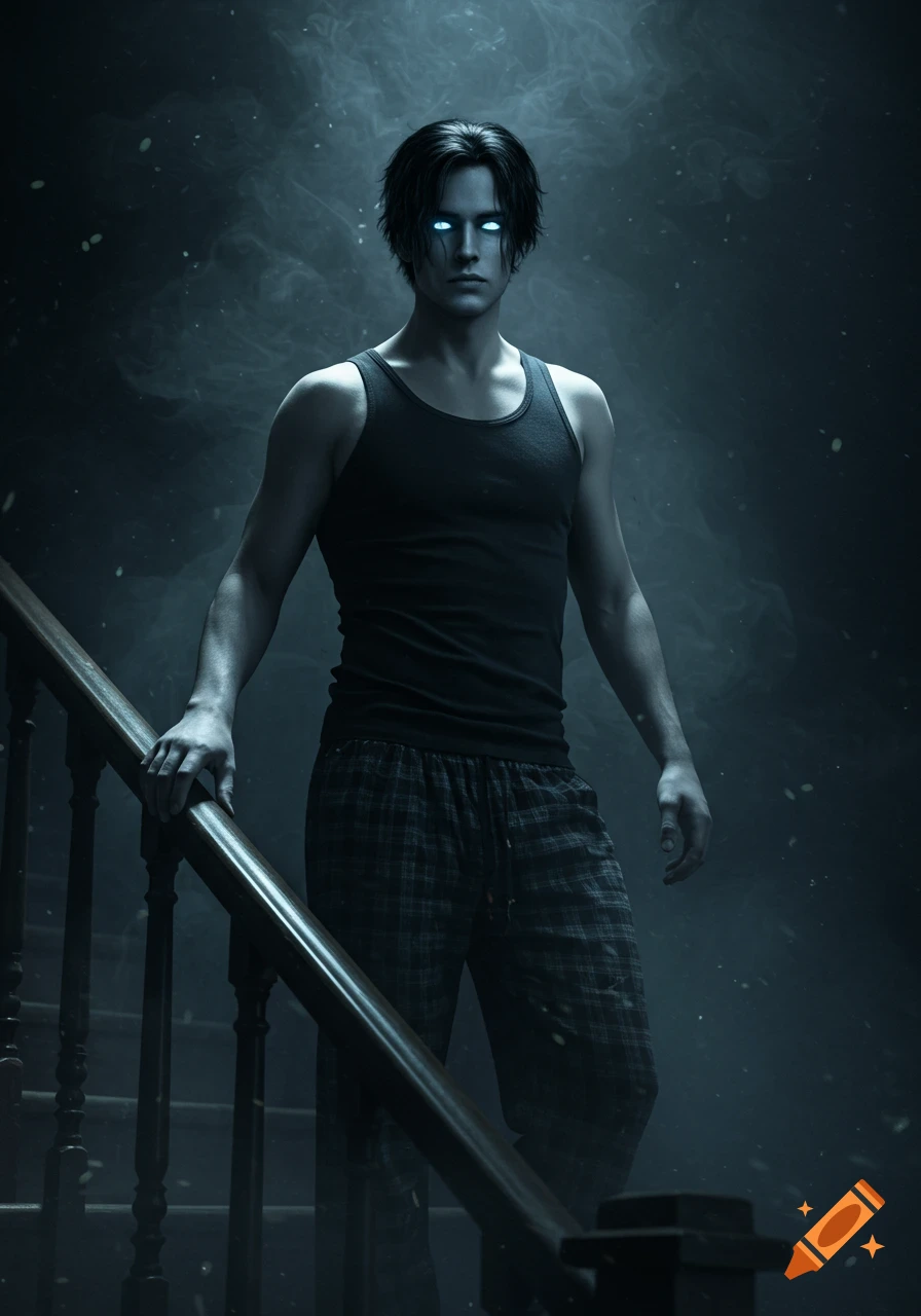 Photorealistic image of a ghostly man with glowing blue eyes, black hair, wearing a black tank top and plaid pajama pants, standing at an upstairs railing.