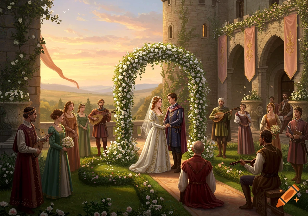 A medieval wedding ceremony with a bride and groom under a floral arch in front of a castle at sunset, with guests and musicians.