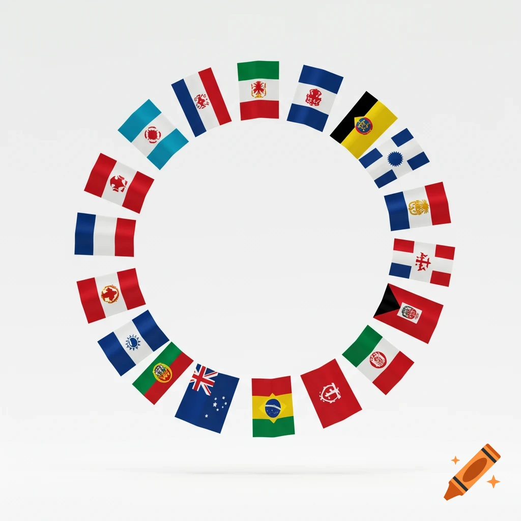 A circle of 18 diverse national flags, featuring various colors and emblems, against a white background.