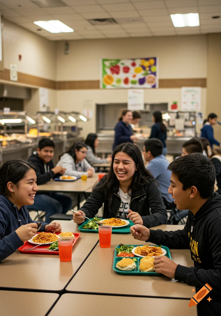 Students eat spaghetti, salad, and bread on trays in a brightly lit school cafeteria.