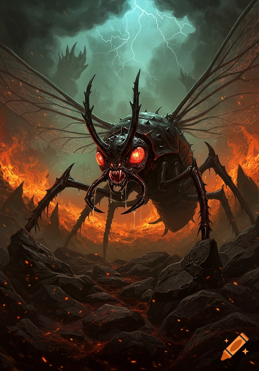 A monstrous, black, spiked insect demon with red glowing eyes and fangs, in a fiery hellscape under a lightning storm.