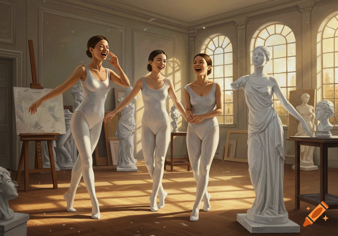 Three young women in white leotards pose playfully in an art studio with several white marble statues, bathed in warm sunlight.