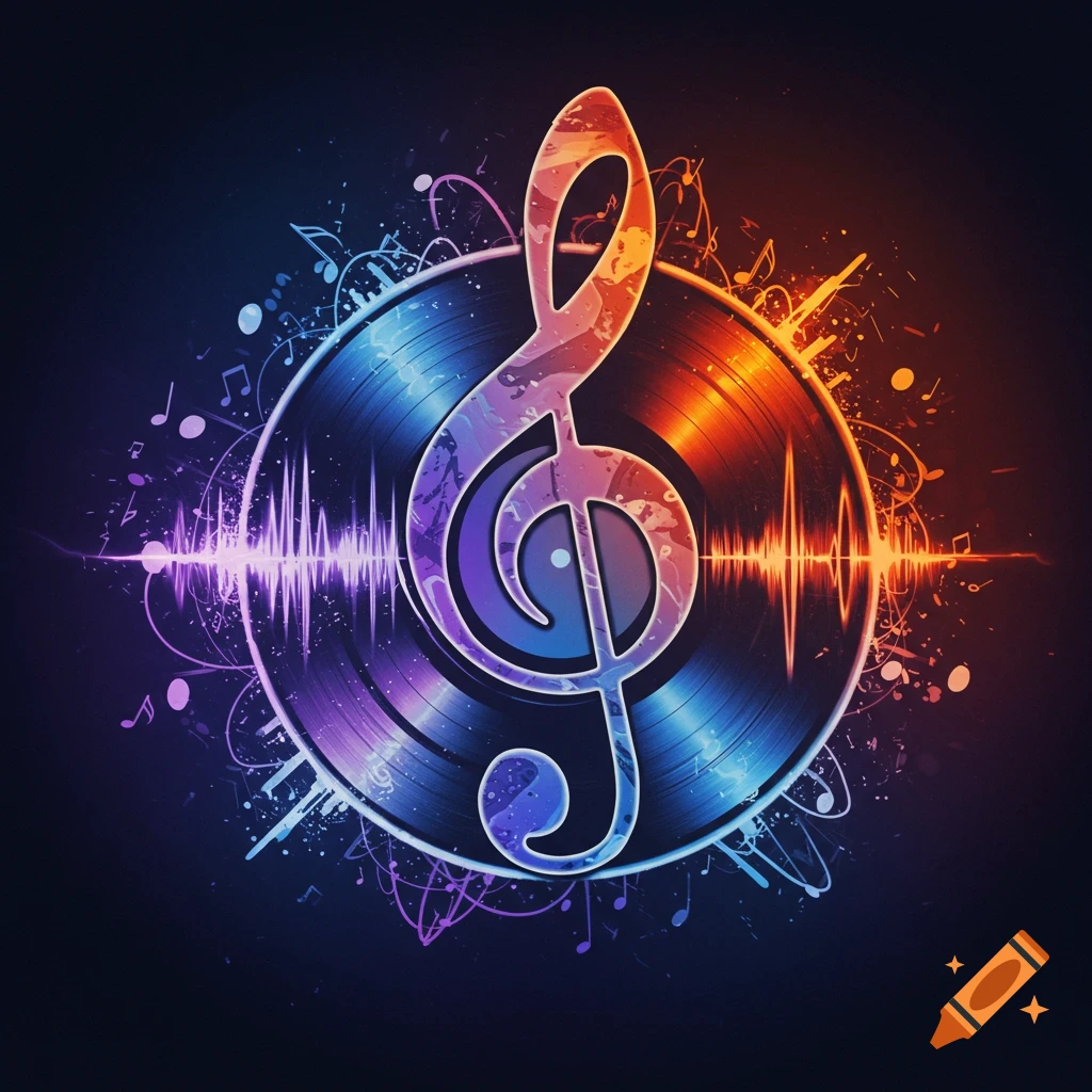 Vibrant treble clef over a vinyl record with sound waves and musical notes on a dark background.