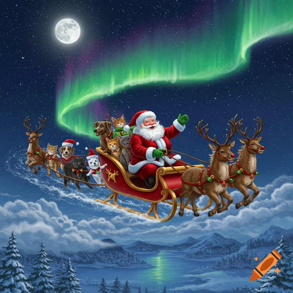Santa in a sleigh with cats, dogs, and reindeer flies under a full moon and green aurora borealis over snowy mountains.