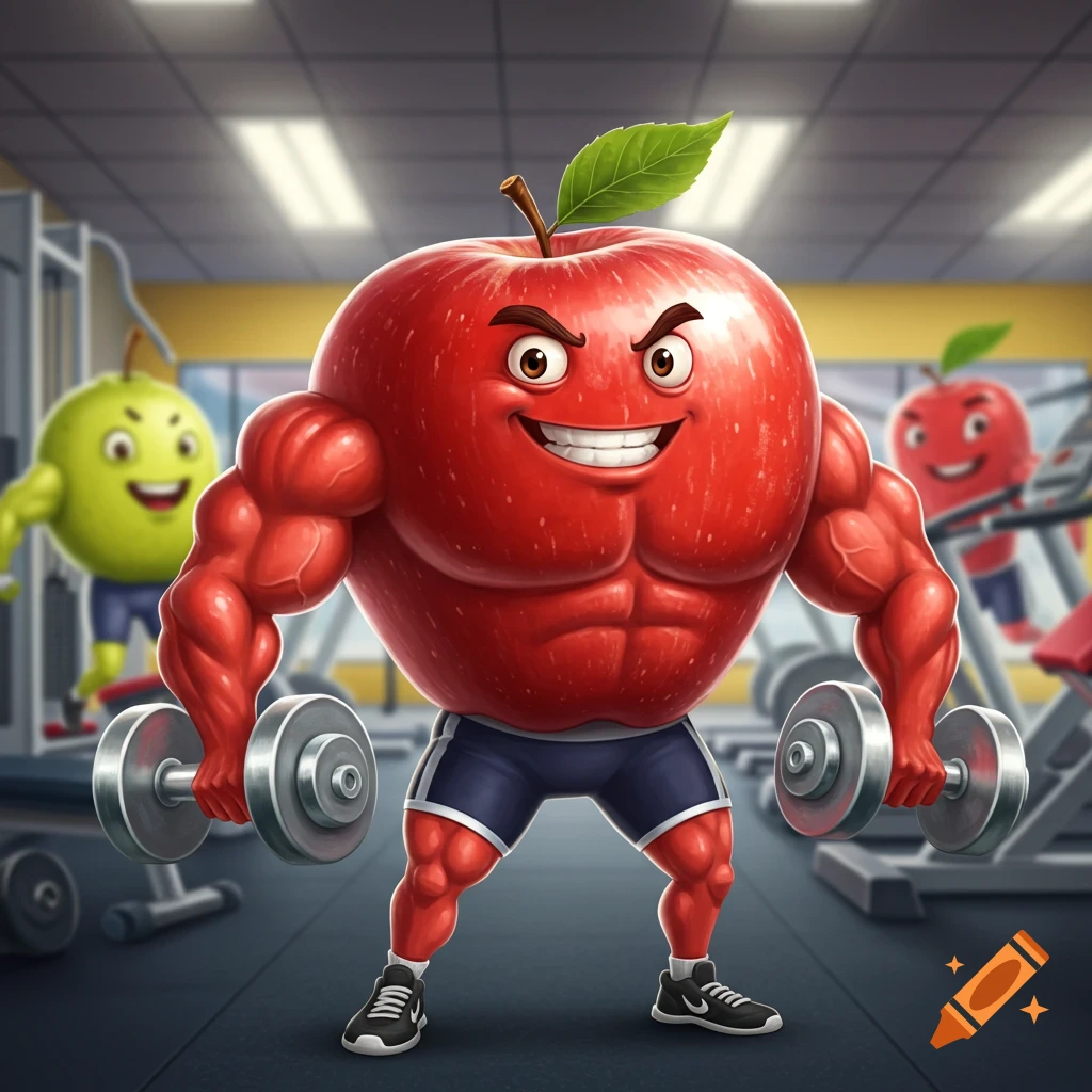 A muscular red apple lifts dumbbells in a gym, with other strong apples in the background, cartoon illustration.