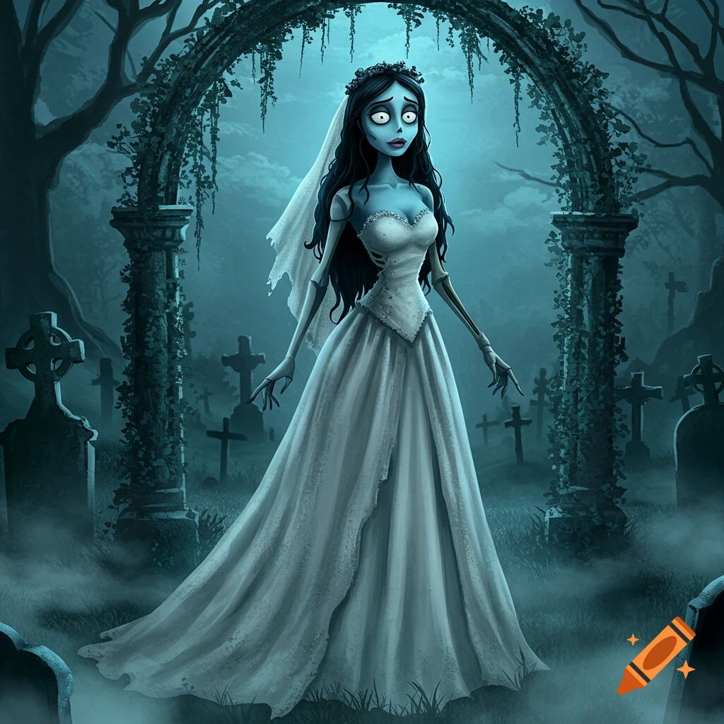 Stylized gothic character resembling Corpse Bride standing in a misty graveyard under a moonlit arched ruin.