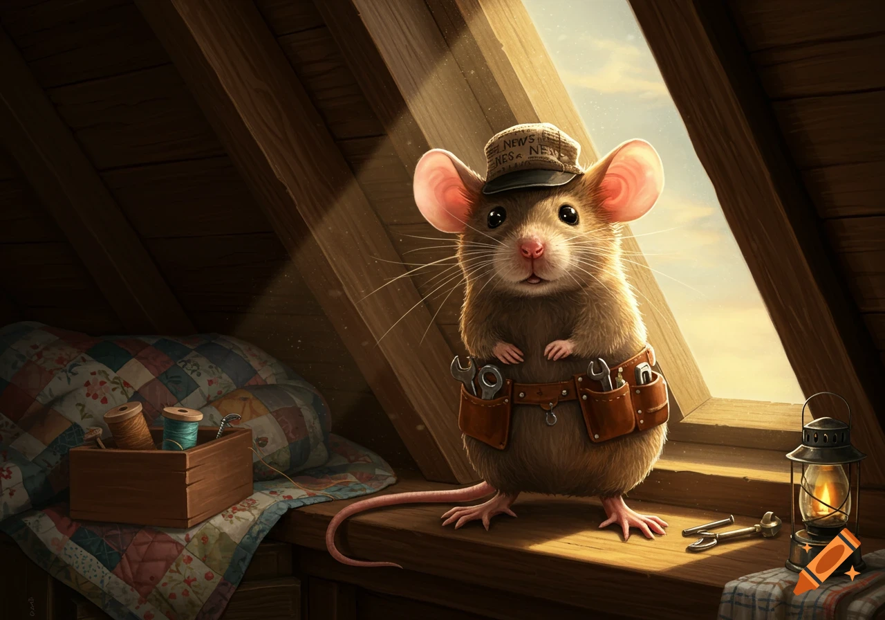 A cute house mouse in a newsboy cap and toolbelt stands in a sunlit attic with sewing supplies and a lantern, detailed illustration.