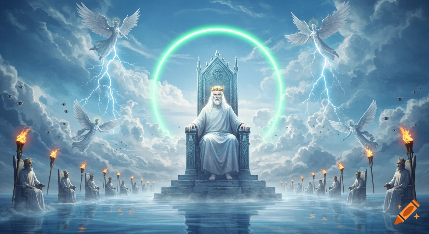 A majestic divine figure on an ornate throne above a sea, surrounded by robed elders, flying angels, and lightning in a dramatic sky.