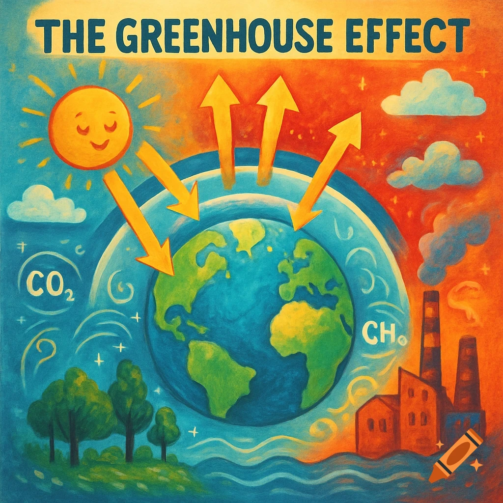 A colorful, cartoon-style illustration explaining the greenhouse effect with the sun, Earth, factories, and CO2/CH4 labels.