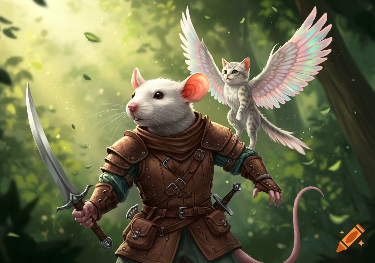 A white mouse warrior in leather armor holds a sword with a winged cat perched on its shoulder, in a sunlit forest.