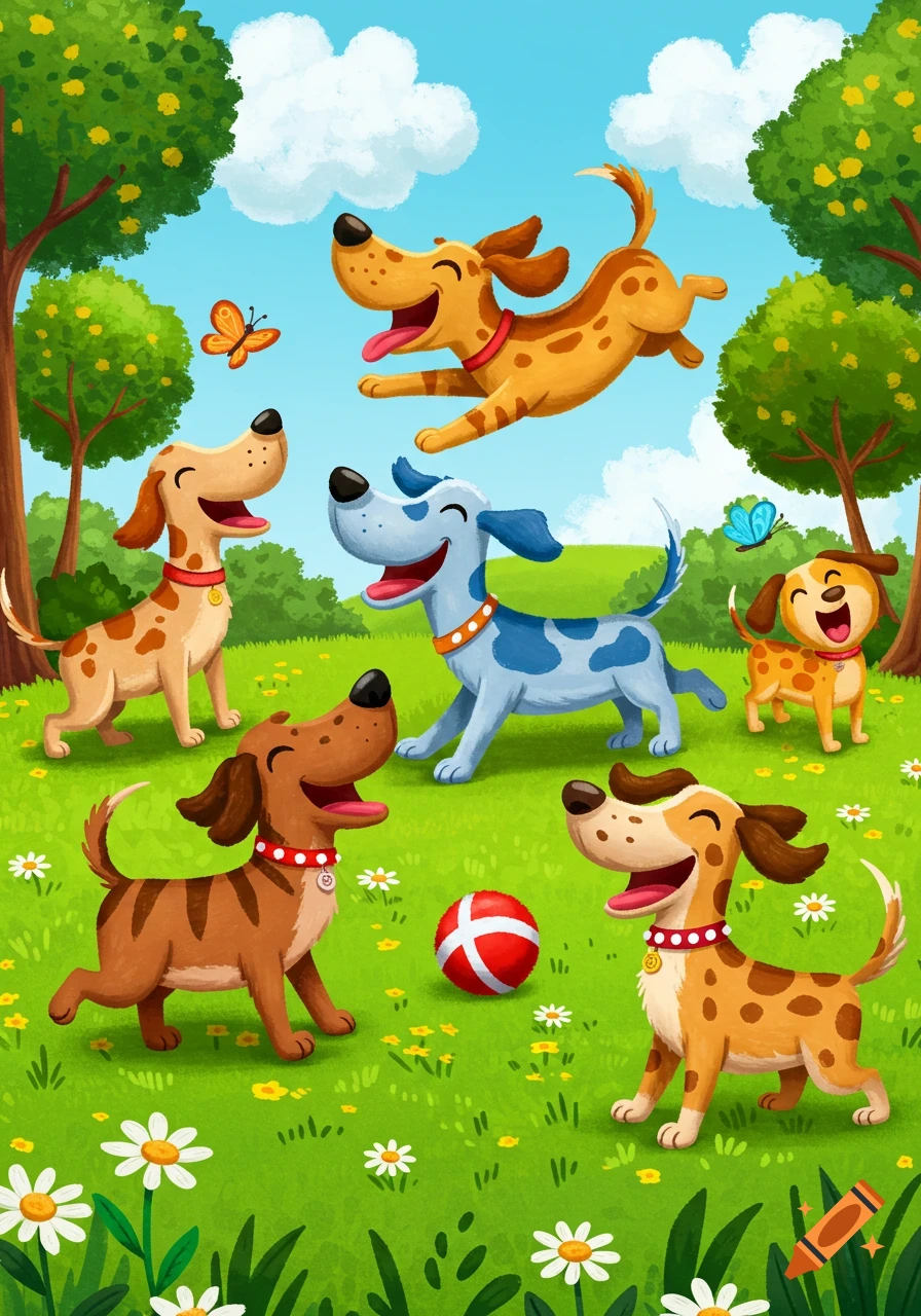 A group of happy cartoon dogs playing and jumping in a vibrant green park with trees, flowers, and butterflies under a blue sky.