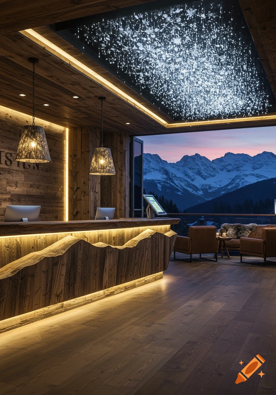 Luxurious hotel reception with a modern wooden desk, LED lighting, and a panoramic view of snowy mountains at sunset.