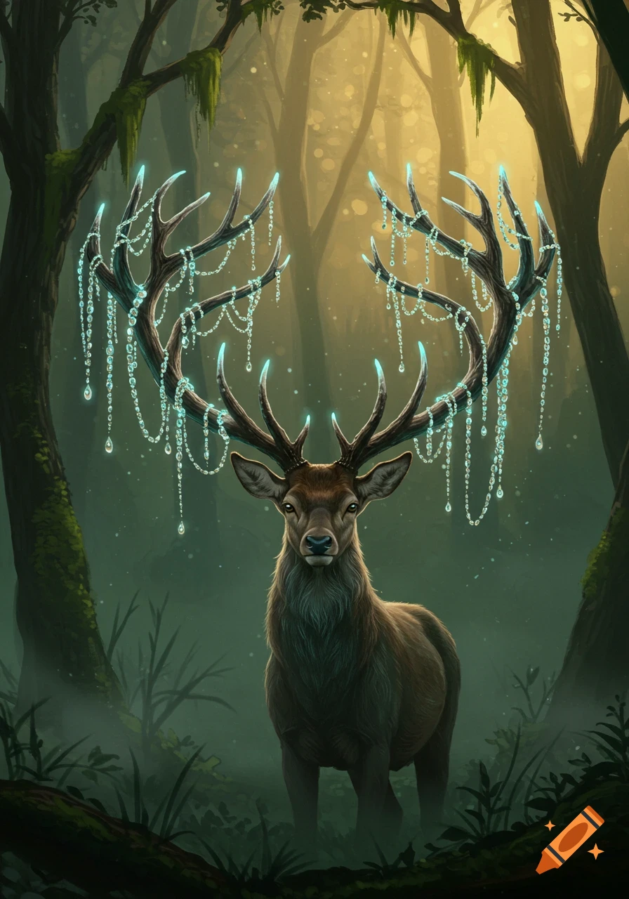 A majestic deer with glowing, bead-draped antlers stands in a mystical, foggy forest with sunlight filtering through the trees.