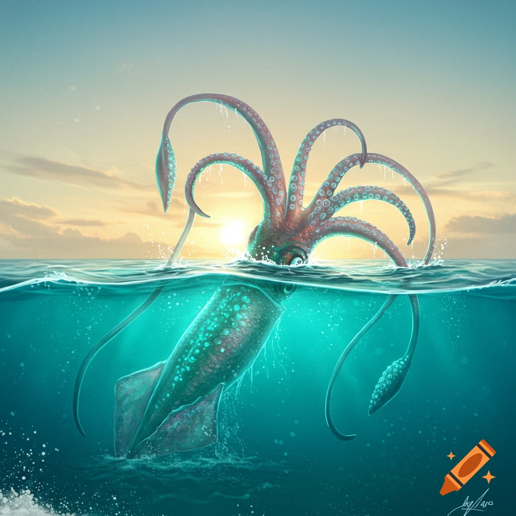 A vibrant illustration of a giant squid with tentacles emerging from the ocean at sunset.