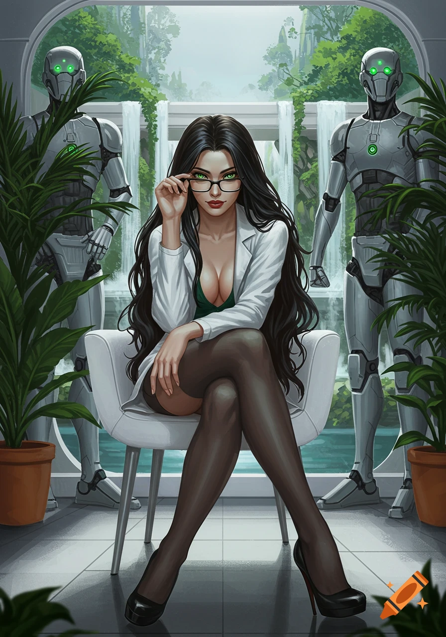 A long-haired woman in a lab coat and black stockings, adjusting her glasses, sits between two robot guards with a waterfall background.
