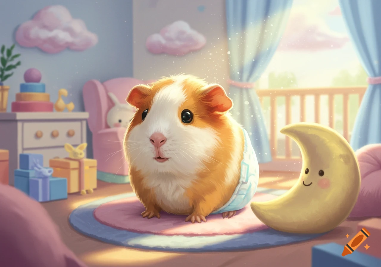 A cute guinea pig in a diaper sits on a pink rug in a pastel nursery with a smiling moon plushie.