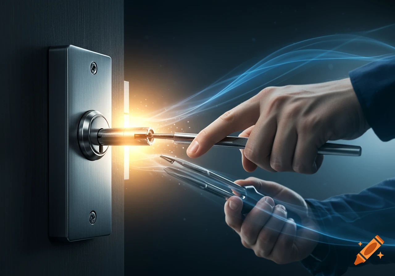 A hand using tools to repair or pick a lock on a dark door, with bright light and dynamic blue waves.