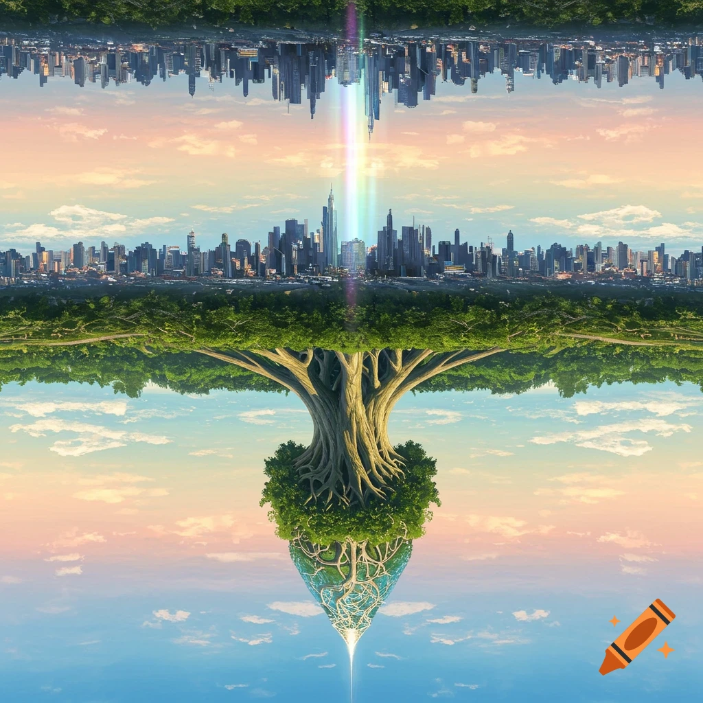 A vibrant, inverted world showing a cityscape above a forest, with a giant tree forming the central axis, against a pastel sky.