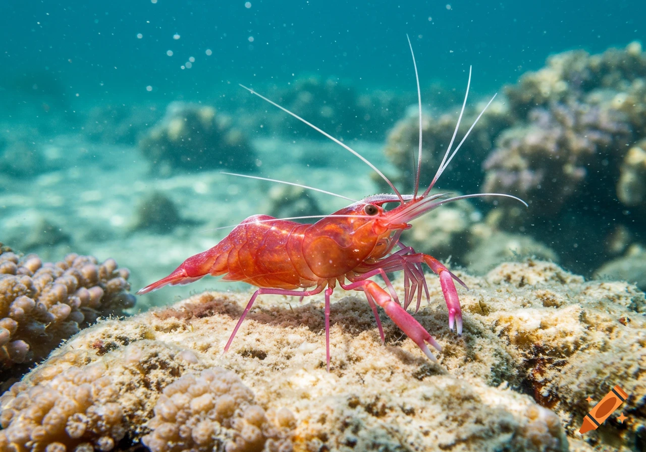 A vibrant red shrimp with long white antennae sits on a textured coral reef in clear blue-green ocean water.