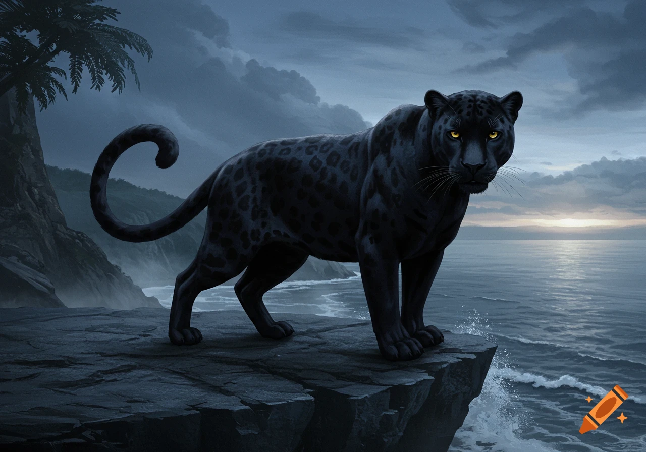 A majestic black panther with yellow eyes stands on a dark cliff above an ocean under a cloudy, twilight sky.