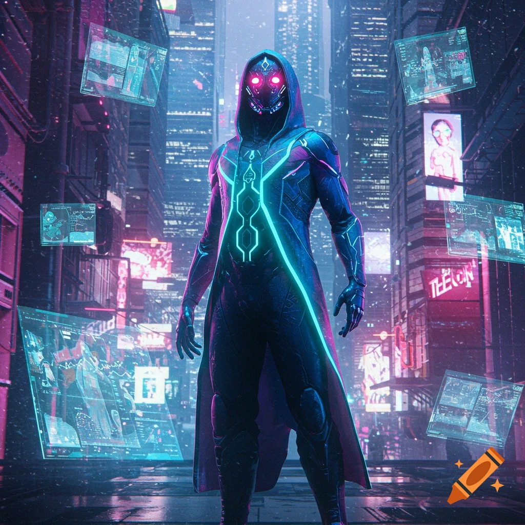 A masked figure with glowing red eyes and a neon-lit suit stands in a vibrant cyberpunk city with holographic screens.